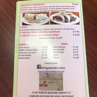 Menu at Veganos Kitchen in Las Vegas
