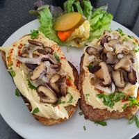 Hummus and mushrooms on toast at Alchemy Vegan in Chiang Mai