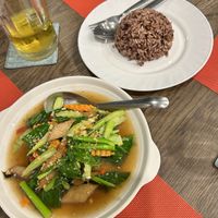 Green “chicken” curry and brown ricee  at Yes Vegan in Pattaya