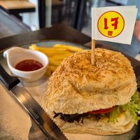 Burger with a few fries at Yes Vegan in Pattaya