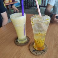 Pineapple juice and passion fruit soda at Pinto Restaurant in Koh Lanta