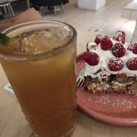 Coffee Lemonade with a cake made of pineapple, apple, nuts and strawberry. at Pulpa Amor Liquido  in Mexico City