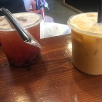 Strawberry jasmine boba (with real strawberries!) and Thai iced tea with coconut milk  at Bubble N Tea in Beaverton