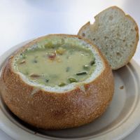 Vegan chowder in a bread bowl at Pike Place Chowder in Seattle