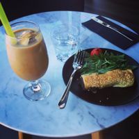 Iced soy coffee and mushroom roll  at Raw Sugar Cafe in Christchurch