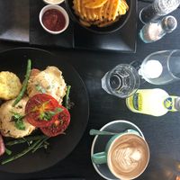 Waffle fries with vegan miso and garlic mayo and vegan eggs Benedict. Also a coconut mocha  at Raw Sugar Cafe in Christchurch