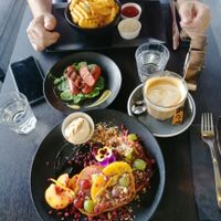 Vegan French toast, hash fries and sausages  at Raw Sugar Cafe in Christchurch