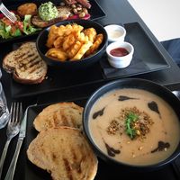 Smashed beans breakfast waffle fries, soup - all vegan at Raw Sugar Cafe in Christchurch