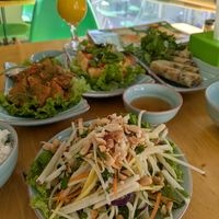 Papaya salad, vegan chicken in ginger, tofu with lemongrass and chilli and fried spring rolls. at Achi Vegan House in Hanoi