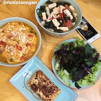 Vegan crab noodle soup and seaweed noodle soup with oyster mushrooms at Achi Vegan House in Hanoi