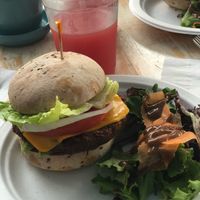 Impossible Burger with watermelon lime aid.  at Artichoke & Vine in Boca Raton
