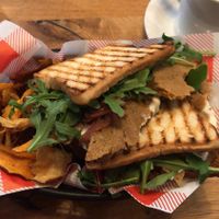 Seitan sandwich and root veg crisps at Henderson's Shop and Salad Table in Edinburgh