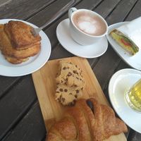 Apple pastry, chocolate chip cookie, vegan spelt croissant, vegan egg salad sandwich at endorphina Bio-Backkunst GmbH in Berlin