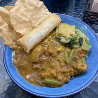 All 4 dishes (Dahl, tofu curry, vgn beef + vgn chicken) plus spring roll 😇  at Great Nature Vegetarian Snacks and Grocery in Christies Beach