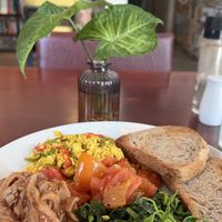 Lok lak mushrooms, scrambled tofu etc  at Footprint Cafes in Siem Reap