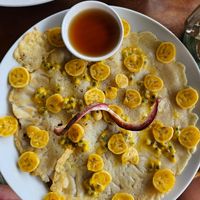 Vegan banana passionfruit pancakes at Footprint Cafes in Siem Reap