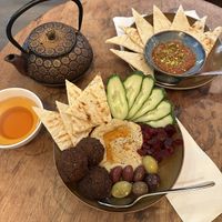 Earl Gray Rooibos Tea, Meze Plate, Red Pepper Meze Dip  at Bampot in Toronto
