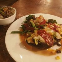 Bliss bean (aubergine with black beans and coconut yogurt, served with vegetables and quinoa on the side) at Vantra Vegan in London