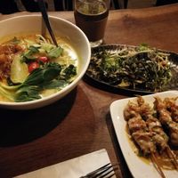 Laksa soup, slimy seaweed, VChicken at Vantra Vegan in London