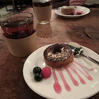 Donut, with houjicha tea. at Vantra Vegan in London