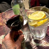 red wine & sparkling watet at Vantra Vegan in London