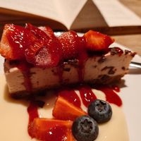 Raspberries and rhubarb cheesecake at Vantra Vegan in London