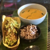 Rice, Tom yum, corn fritters at V Secret Street Food - Food Stall in Chiang Mai