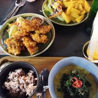 Corn fritters, deep fried tofu and spinach and tempeh curry at V Secret Street Food - Food Stall in Chiang Mai