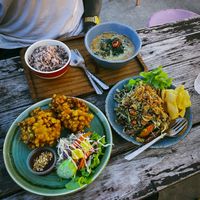Tempeh and Spinach Curry, Corn Fritters and Tea Leaf Salad  at V Secret Street Food - Food Stall in Chiang Mai