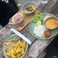 Rice Noodle with Cream Curry, Tempeh Spinach Curry and Tofu Fries  at V Secret Street Food - Food Stall in Chiang Mai