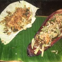 Tea leaf salad and banana and tofu fritters at V Secret Street Food - Food Stall in Chiang Mai