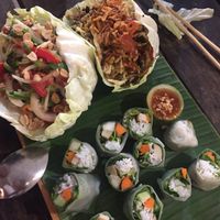 Tea leaf salad, crispy mushroom salad, fresh spring roll  at V Secret Street Food - Food Stall in Chiang Mai