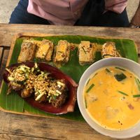 Tofu banana flower fritters (bottom left)tom sum soup (bottom right) and veggie sushi (top) at V Secret Street Food - Food Stall in Chiang Mai
