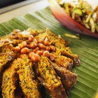 V Secret 3 vegan food items for 140 baht (tempeh curry, Northern Thai sausage, fried banana flower fritters) at V Secret Street Food - Food Stall in Chiang Mai
