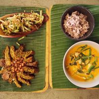 V Secret 3 vegan food items for 140 baht (tempeh curry, Northern Thai sausage, fried banana flower fritters) at V Secret Street Food - Food Stall in Chiang Mai