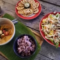 Lotus flower, pumpkin tofu curry and tempeh salad at V Secret Street Food - Food Stall in Chiang Mai