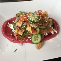 Rosti with potato, carrot and onion latke and beet hummus!   So Delicious!!!! at Rev-a-lee Brunch Cafe in Vineland