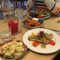 Nutty roll with seasonal veg and amazing sweet potato fries. (Vegan) at Henderson's Restaurant in Edinburgh