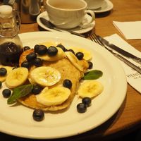 Vegan Pancakes [£6.95] with blueberries, bananas & maple syrup at Henderson's Restaurant in Edinburgh