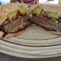 Vegan burger at Berlin, swapped potatoes and salad for fries at Belin Restaurante in Gran Canaria