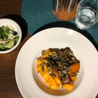 Creamy pumpkin gnocchi with seeds and salad at Alanda in Banska Bystrica
