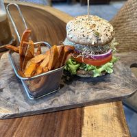 The Original Burger. Homemade patty and sweet potato fries. Outstanding    at The Green Place in Puerto Vallarta
