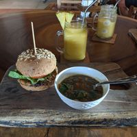 The original burger, lentil soup, and a golden milk smoothie at The Green Place in Puerto Vallarta