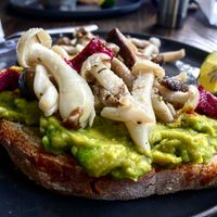 Avocado toast w/ beetroot hummus and mushrooms at Lifted Coffee & Brunch in Hanoi