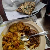 Daal, aloo ghobi, pakora and vegan garlic roti at India Oven in Mesa