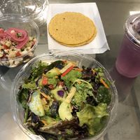 Ceviche, salad, and lavender lemonade at Organic Junkie in Corona