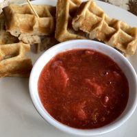 Waffle sticks with strawberry rhubarb compote   at Iron Roost in Ballston Spa