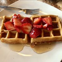 Classic waffle, topped in maple syrup and strawberries  at Iron Roost in Ballston Spa