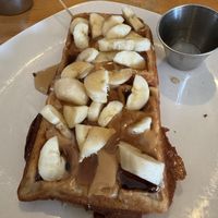 Full waffle with banana and peanut butter. Already put the maple syrup onn  at Iron Roost in Ballston Spa