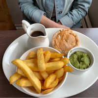 Meatless potato pie, chips, mushy peas and gravy. Delicious. at Phoenix Plant Based Eatery in Prescot